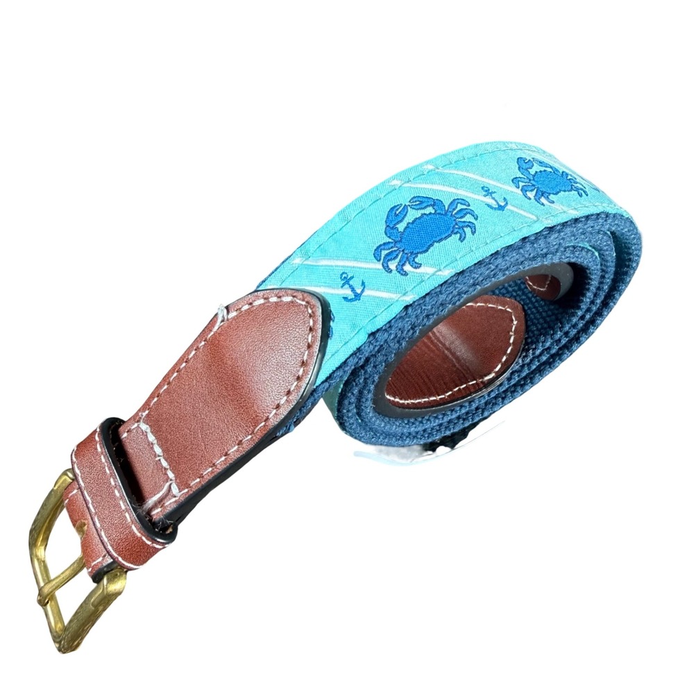 Simply Southern Crab Anchor Webbed Belt Mens 34 Blue Leather Canvas Nautical